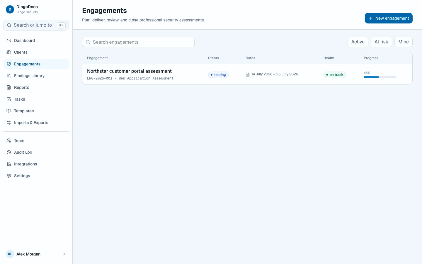 DingoDocs engagement workspace showing delivery status and assessment progress