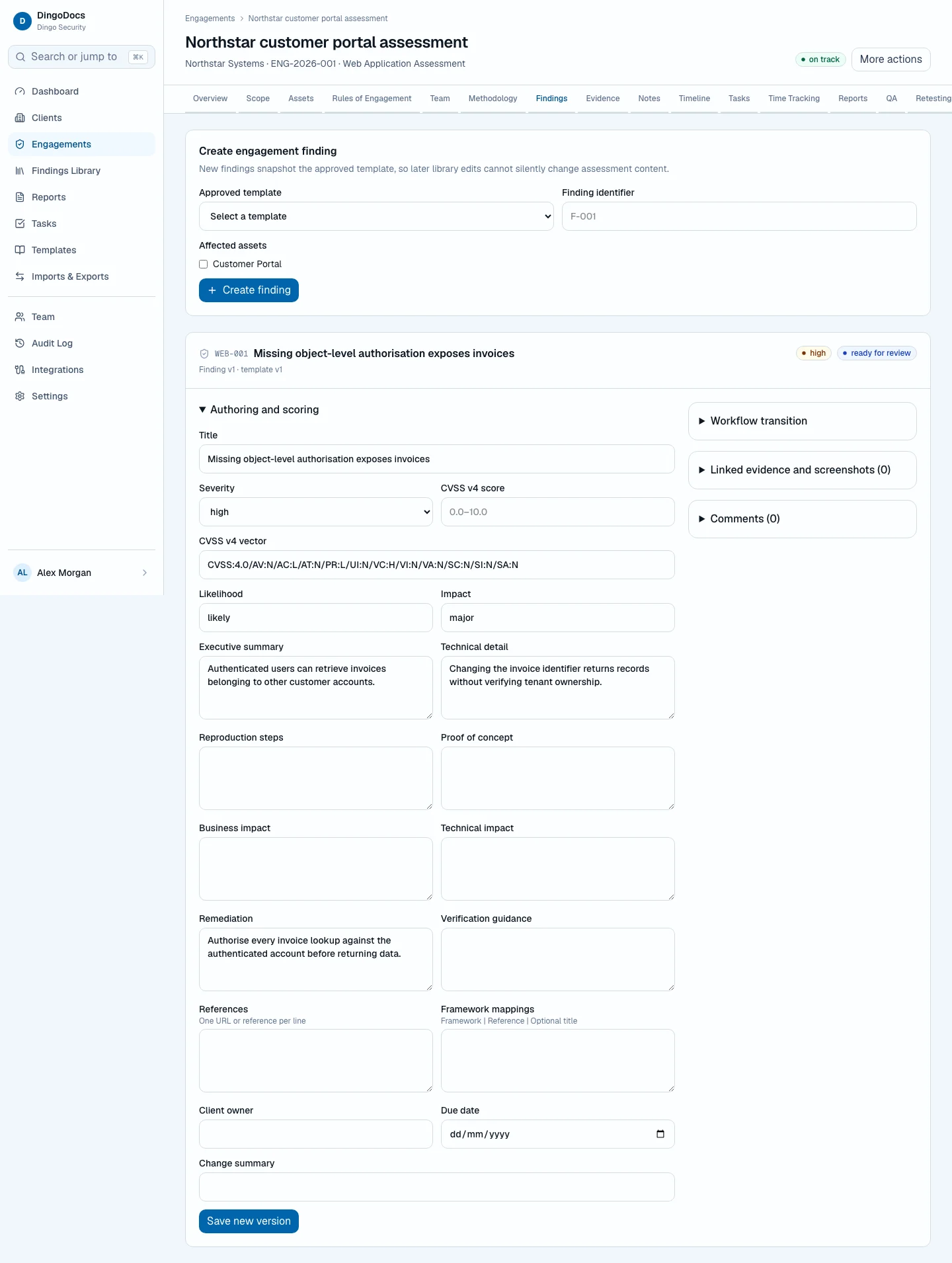 DingoDocs finding authoring and review workspace