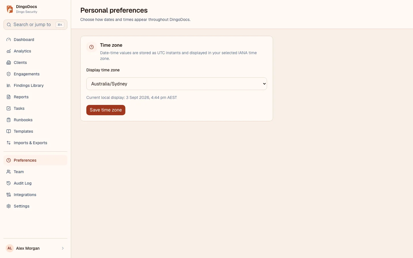 DingoDocs personal preferences showing the user time zone setting