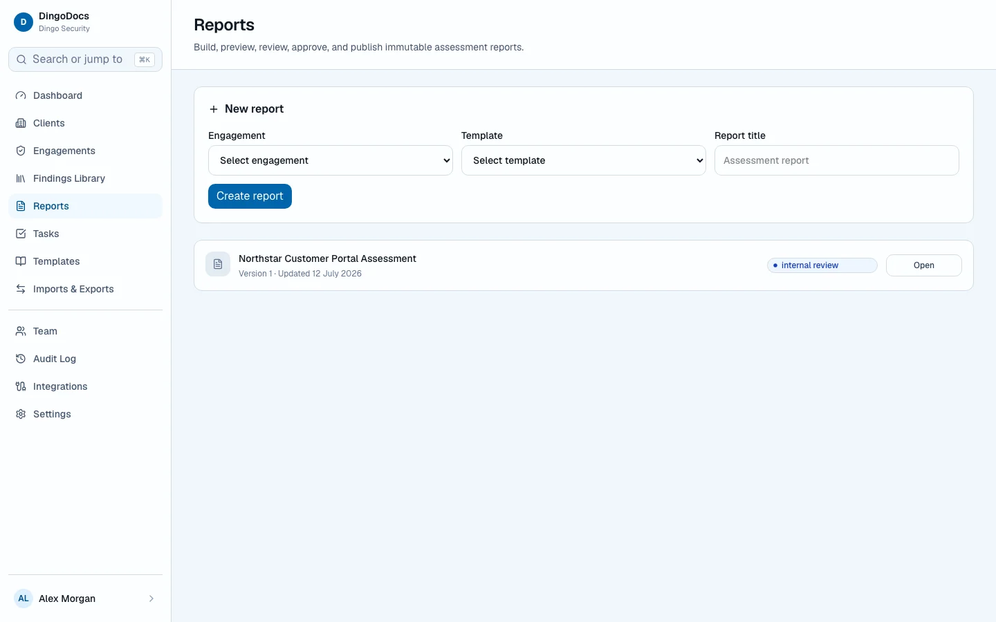 DingoDocs report workspace with an assessment report in internal review